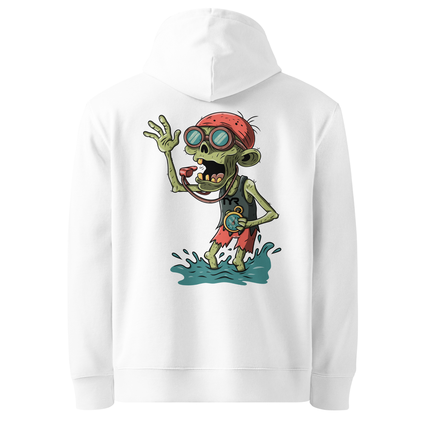 organic hoodie in white by Lane Line Threads with Halloween zombie swimmer graphic, goggles, swim cap, whistle, and water splash design, made for swimmers' skin health
