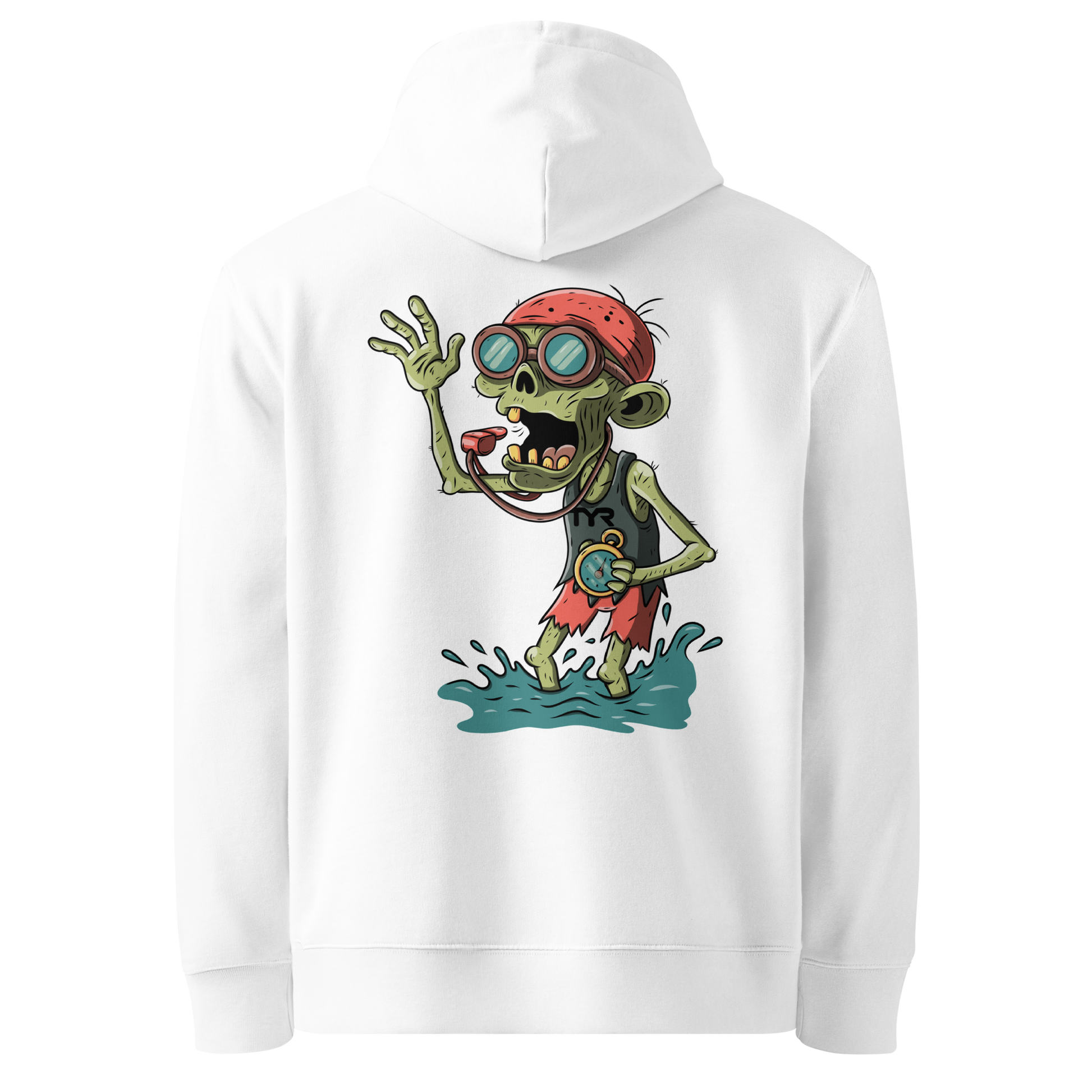 organic hoodie in white by Lane Line Threads with Halloween zombie swimmer graphic, goggles, swim cap, whistle, and water splash design, made for swimmers' skin health