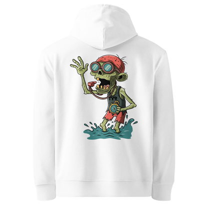 organic hoodie in white by Lane Line Threads with Halloween zombie swimmer graphic, goggles, swim cap, whistle, and water splash design, made for swimmers' skin health