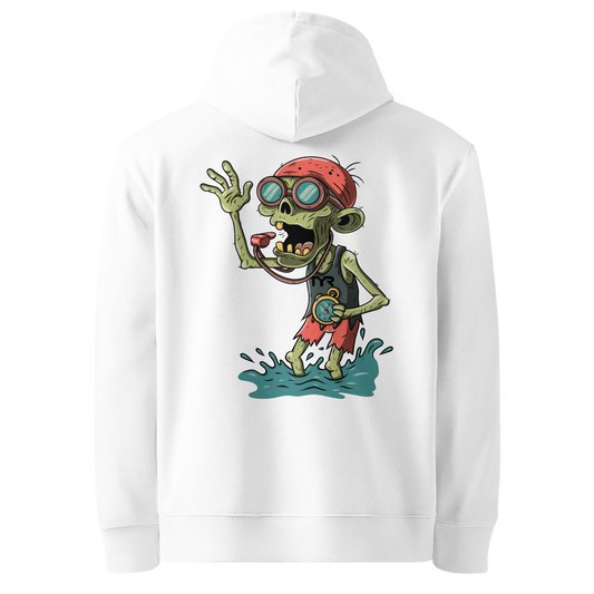 organic hoodie in white by Lane Line Threads with Halloween zombie swimmer graphic, goggles, swim cap, whistle, and water splash design, made for swimmers' skin health