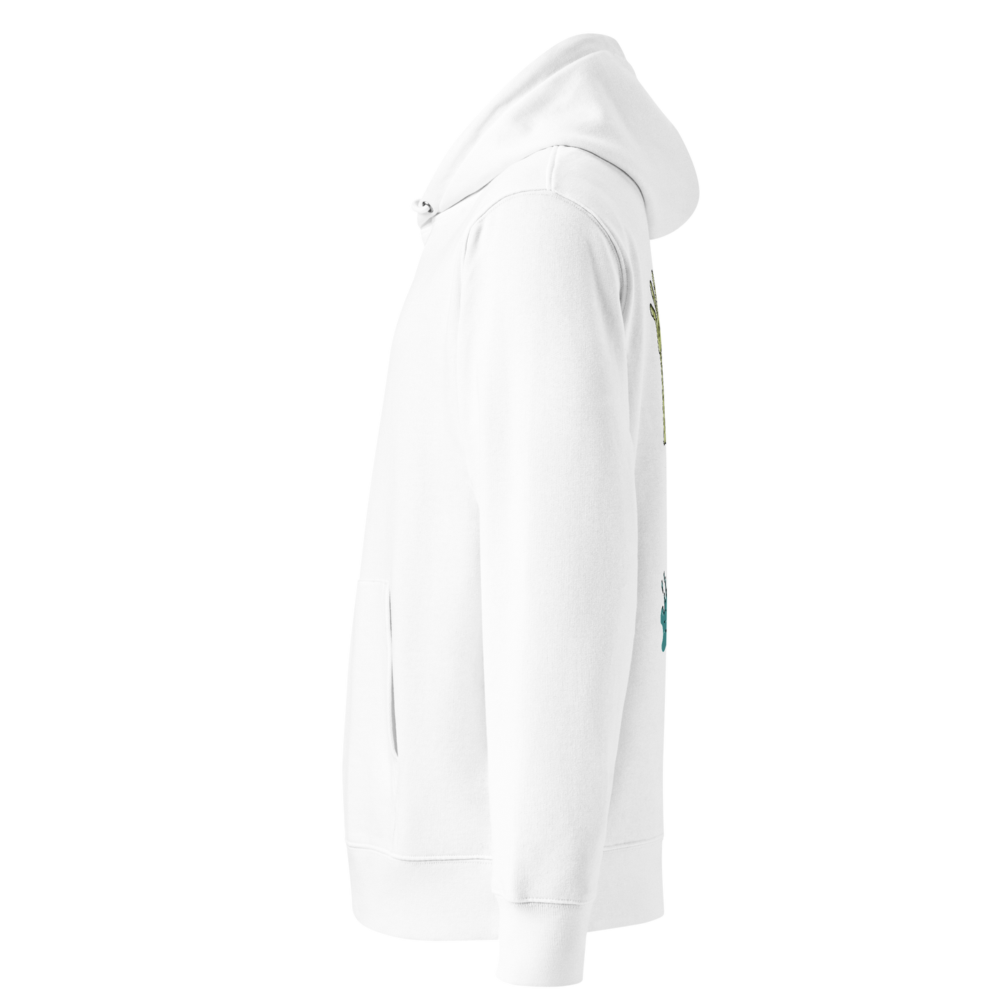 organic hoodie in white by Lane Line Threads with Halloween zombie swimmer graphic, goggles, swim cap, whistle, and water splash design, made for swimmers' skin health shown from the left side