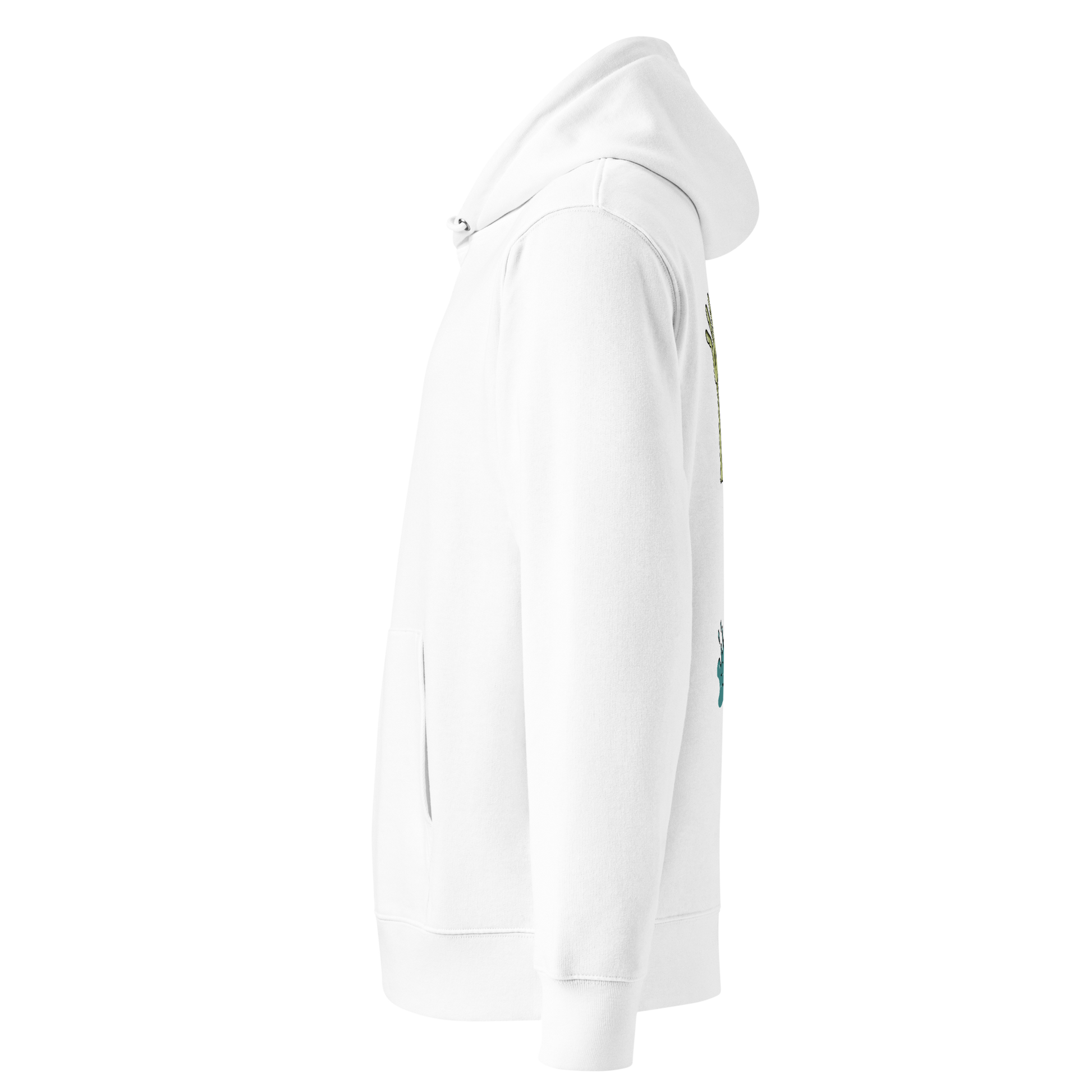 organic hoodie in white by Lane Line Threads with Halloween zombie swimmer graphic, goggles, swim cap, whistle, and water splash design, made for swimmers' skin health shown from the left side