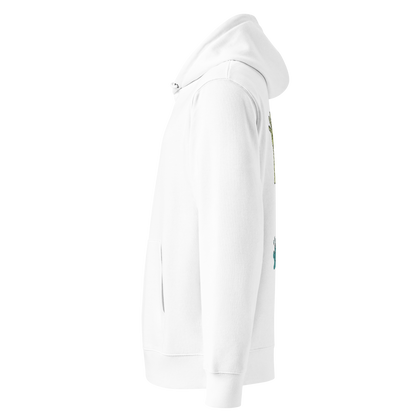 organic hoodie in white by Lane Line Threads with Halloween zombie swimmer graphic, goggles, swim cap, whistle, and water splash design, made for swimmers' skin health shown from the left side