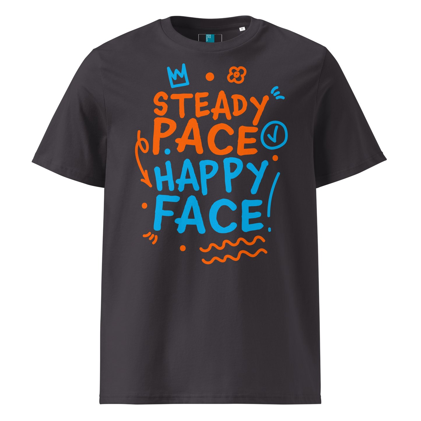 Anthracite organic cotton t-shirt with a bright orange and blue graphic text that reads "Steady Pace, Happy Face!" Perfect post-swim comfort shirt for a marathon swimmer or long distance swimmer to prevent post-swim skin rash.