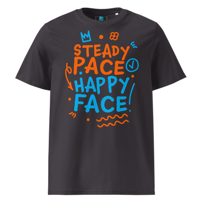 Anthracite organic cotton t-shirt with a bright orange and blue graphic text that reads "Steady Pace, Happy Face!" Perfect post-swim comfort shirt for a marathon swimmer or long distance swimmer to prevent post-swim skin rash.