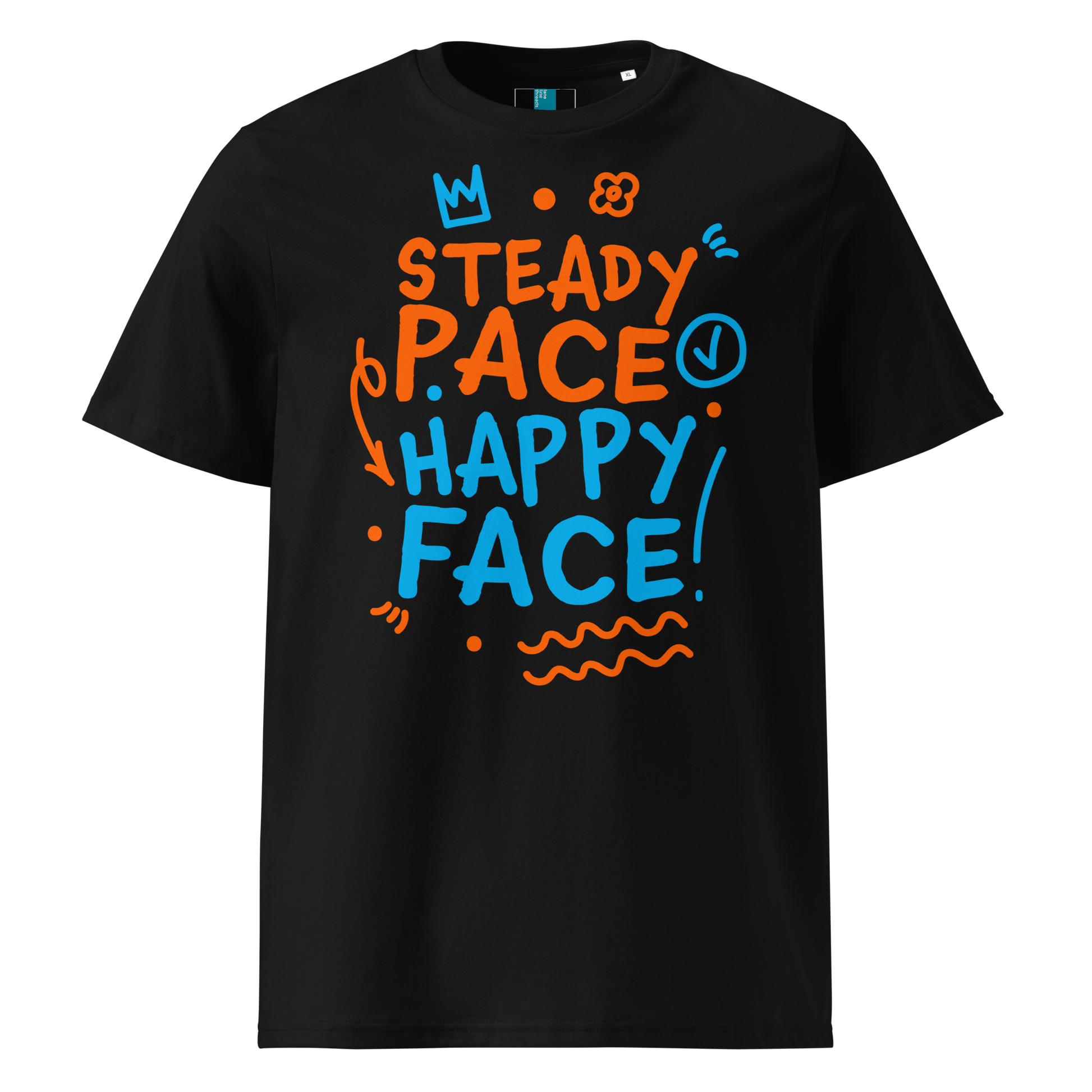 Black organic cotton t-shirt with a bright orange and blue graphic text that reads "Steady Pace, Happy Face!" Perfect post-swim comfort shirt for a marathon swimmer or long distance swimmer to prevent post-swim skin rash.