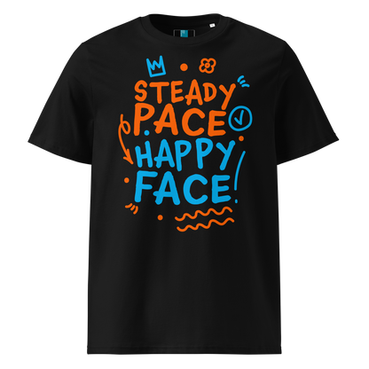 Black organic cotton t-shirt with a bright orange and blue graphic text that reads "Steady Pace, Happy Face!" Perfect post-swim comfort shirt for a marathon swimmer or long distance swimmer to prevent post-swim skin rash.