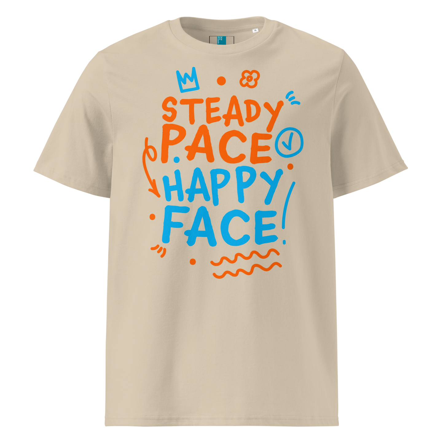 Beige organic cotton t-shirt with a bright orange and blue graphic text that reads "Steady Pace, Happy Face!" Perfect post-swim comfort shirt for a marathon swimmer or long distance swimmer to prevent post-swim skin rash.