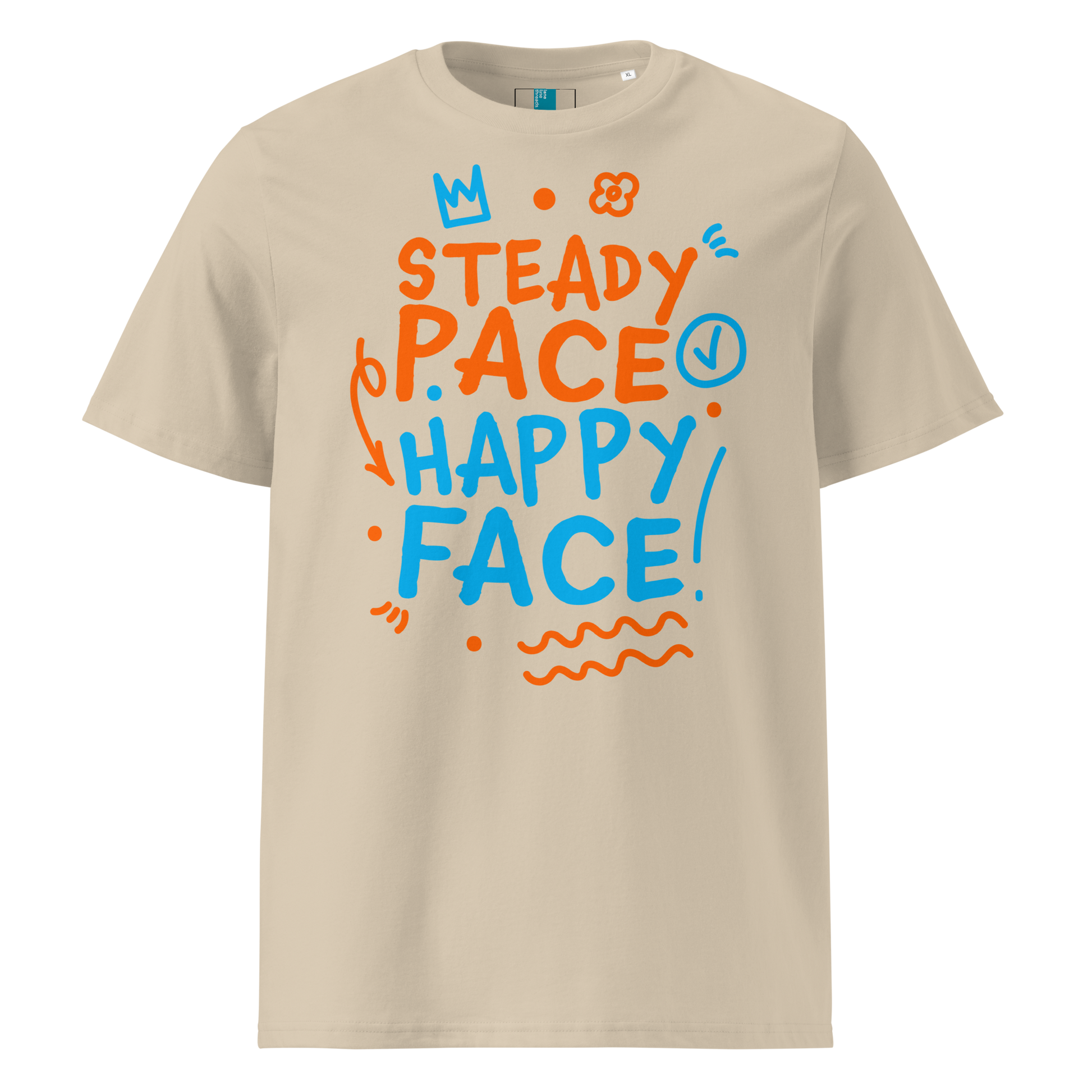 Beige organic cotton t-shirt with a bright orange and blue graphic text that reads "Steady Pace, Happy Face!" Perfect post-swim comfort shirt for a marathon swimmer or long distance swimmer to prevent post-swim skin rash.