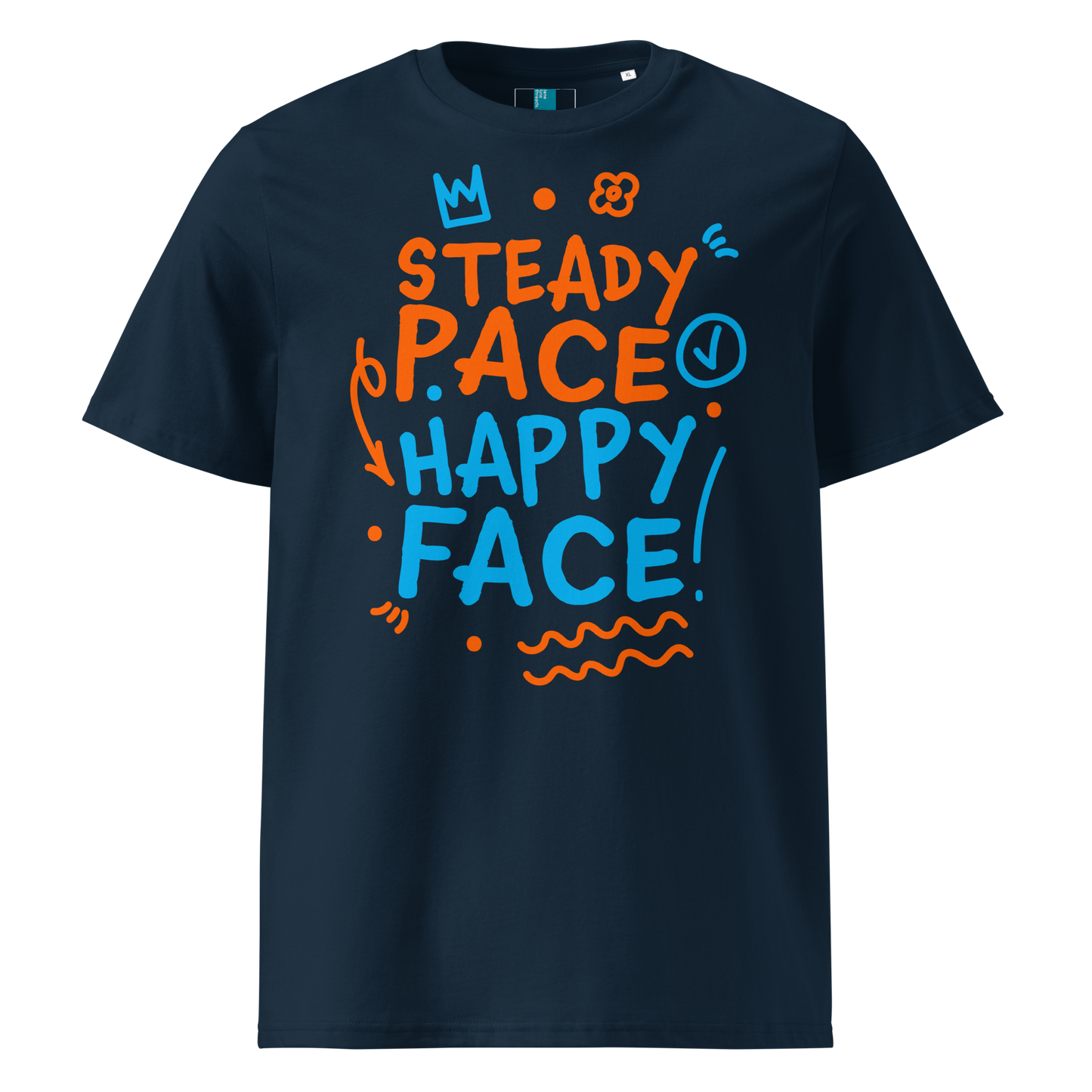 Navy organic cotton t-shirt with a bright orange and blue graphic text that reads "Steady Pace, Happy Face!" Perfect post-swim comfort shirt for a marathon swimmer or long distance swimmer to prevent post-swim skin rash.