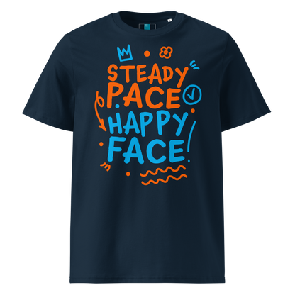 Navy organic cotton t-shirt with a bright orange and blue graphic text that reads "Steady Pace, Happy Face!" Perfect post-swim comfort shirt for a marathon swimmer or long distance swimmer to prevent post-swim skin rash.