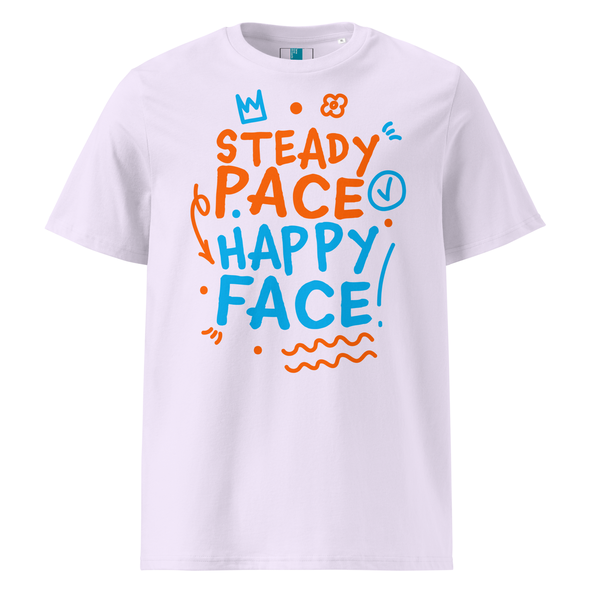 Lavender organic cotton t-shirt with a bright orange and blue graphic text that reads "Steady Pace, Happy Face!" Perfect post-swim comfort shirt for a marathon swimmer or long distance swimmer to prevent post-swim skin rash.