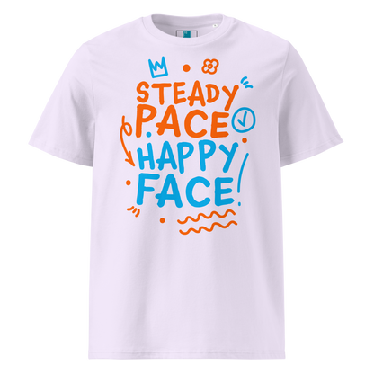 Lavender organic cotton t-shirt with a bright orange and blue graphic text that reads "Steady Pace, Happy Face!" Perfect post-swim comfort shirt for a marathon swimmer or long distance swimmer to prevent post-swim skin rash.