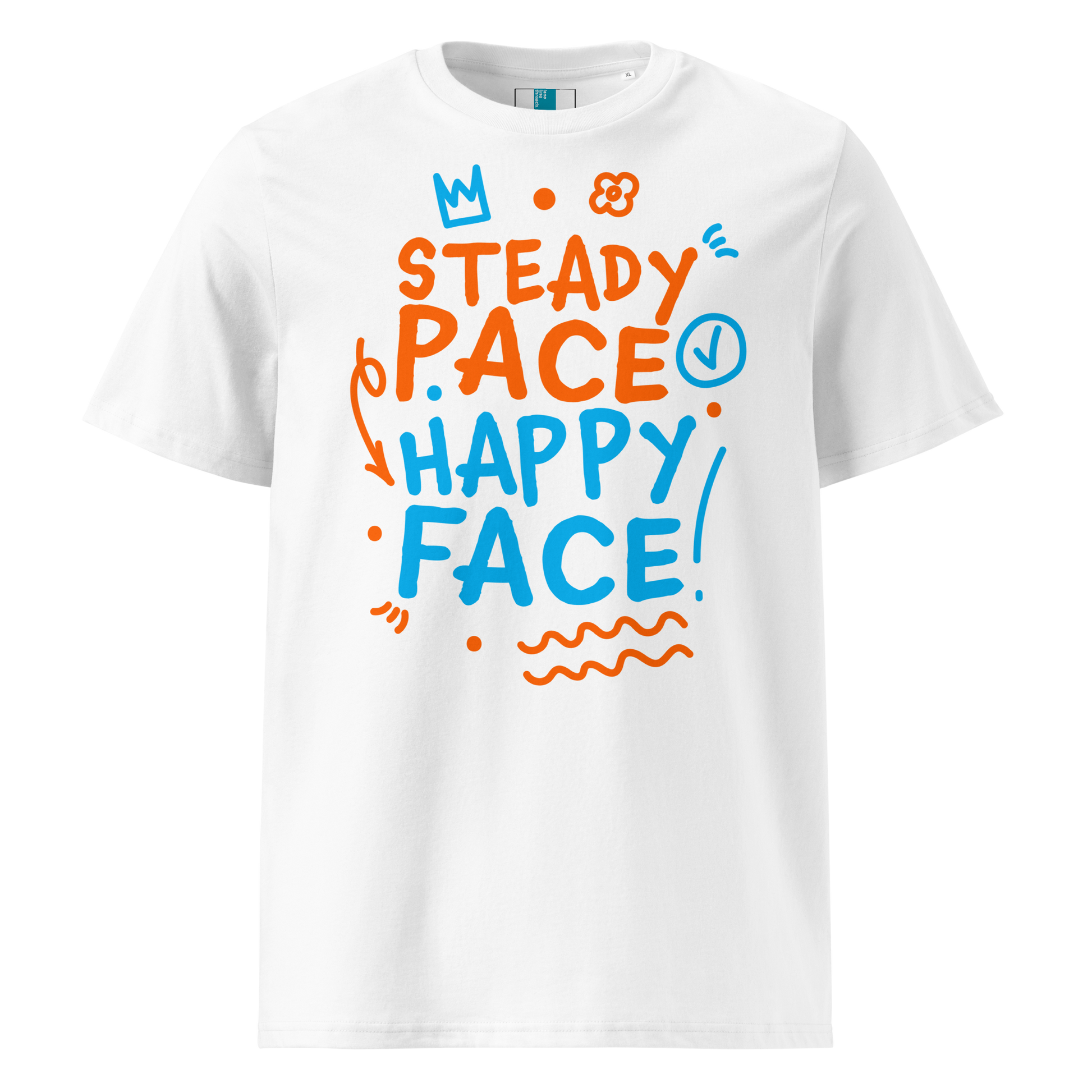 White organic cotton t-shirt with a bright orange and blue graphic text that reads "Steady Pace, Happy Face!" Perfect post-swim comfort shirt for a marathon swimmer or long distance swimmer to prevent post-swim skin rash.