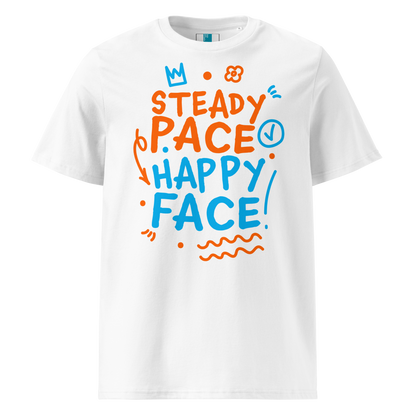 White organic cotton t-shirt with a bright orange and blue graphic text that reads "Steady Pace, Happy Face!" Perfect post-swim comfort shirt for a marathon swimmer or long distance swimmer to prevent post-swim skin rash.