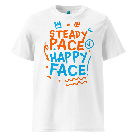 White organic cotton t-shirt with a bright orange and blue graphic text that reads "Steady Pace, Happy Face!" Perfect post-swim comfort shirt for a marathon swimmer or long distance swimmer to prevent post-swim skin rash.