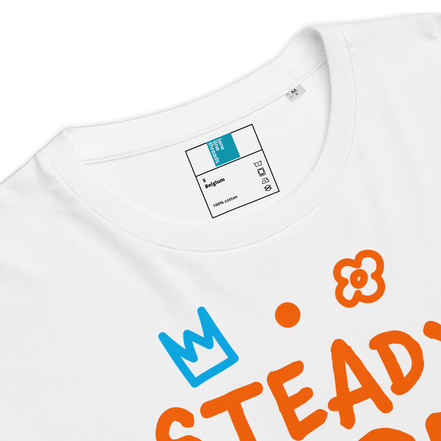 White marathon swimmer shirt with colorful text and graphics on a white background