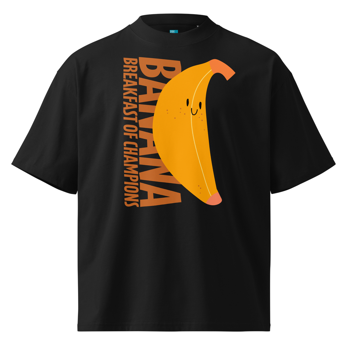 A black short-sleeve crewneck organic oversized t-shirt by Lane Line Threads featuring a graphic print of a smiling yellow banana with the text 'BANANA BREAKFAST OF CHAMPIONS' in brown.