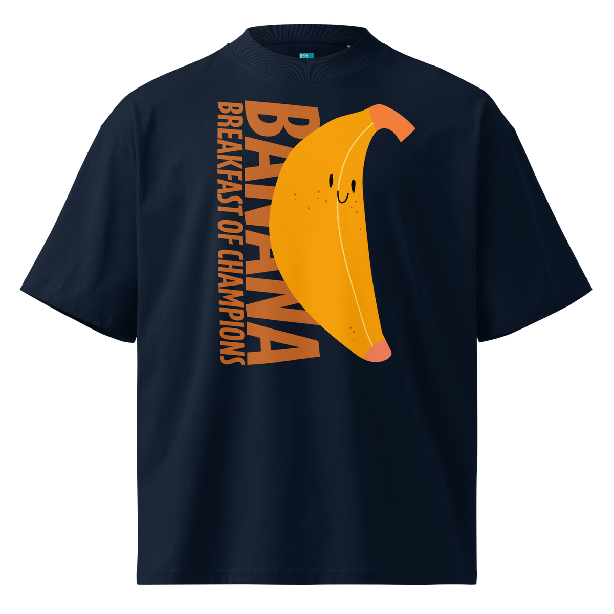 A navy short-sleeve crewneck organic oversized t-shirt by Lane Line Threads featuring a graphic print of a smiling yellow banana with the text 'BANANA BREAKFAST OF CHAMPIONS' in brown.