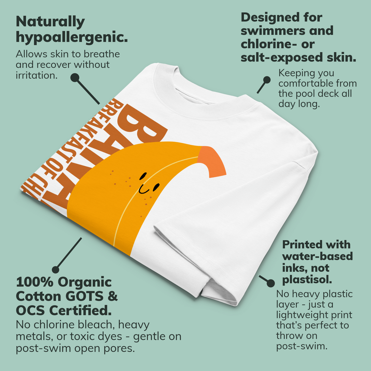 A folded white short-sleeve crewneck organic oversized t-shirt by Lane Line Threads featuring a graphic print of a smiling yellow banana with the text 'BANANA BREAKFAST OF CHAMPIONS' in brown is shown on a light teal background with callout text describing product benefits.