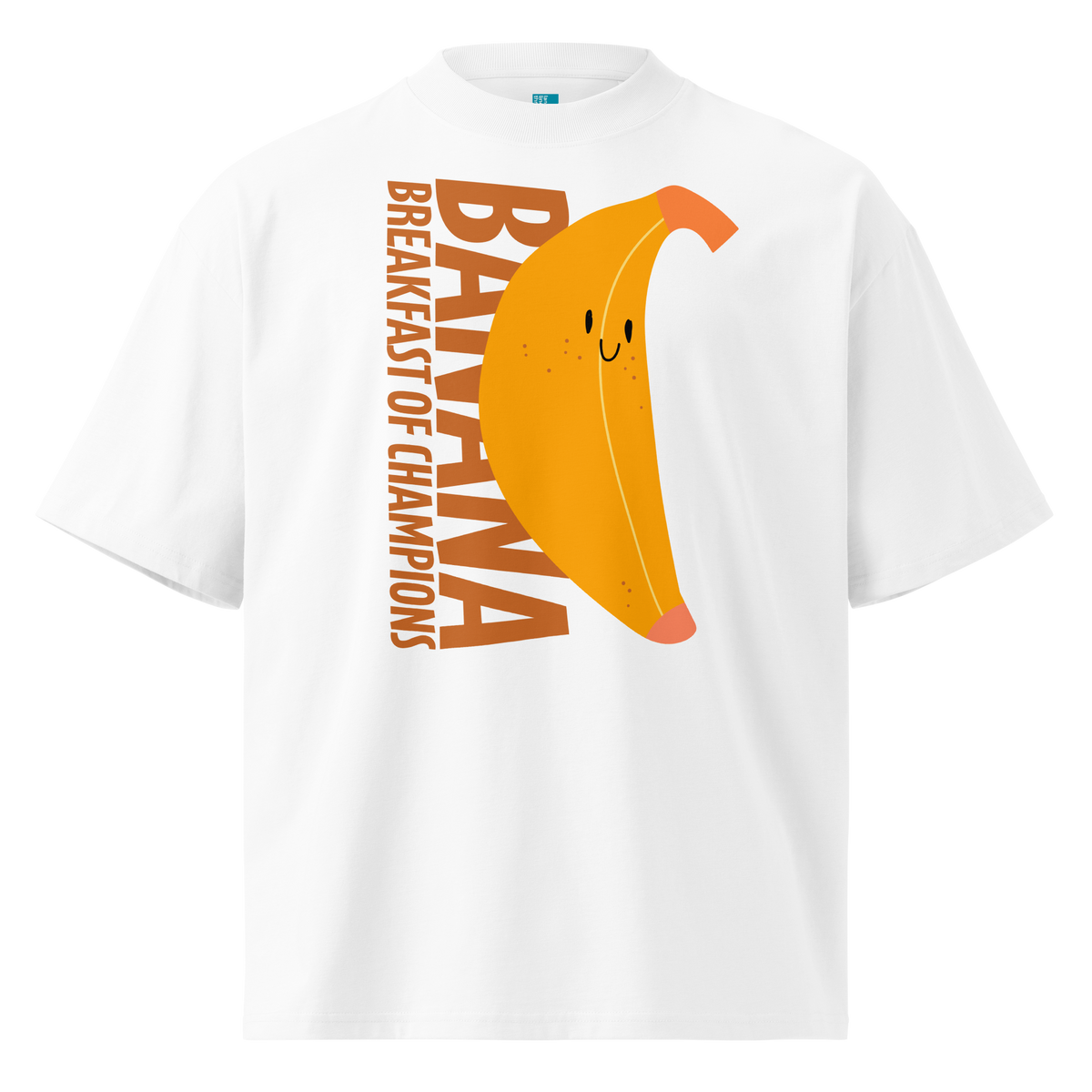 A white short-sleeve crewneck organic oversized t-shirt by Lane Line Threads featuring a graphic print of a smiling yellow banana with the text 'BANANA BREAKFAST OF CHAMPIONS' in brown.