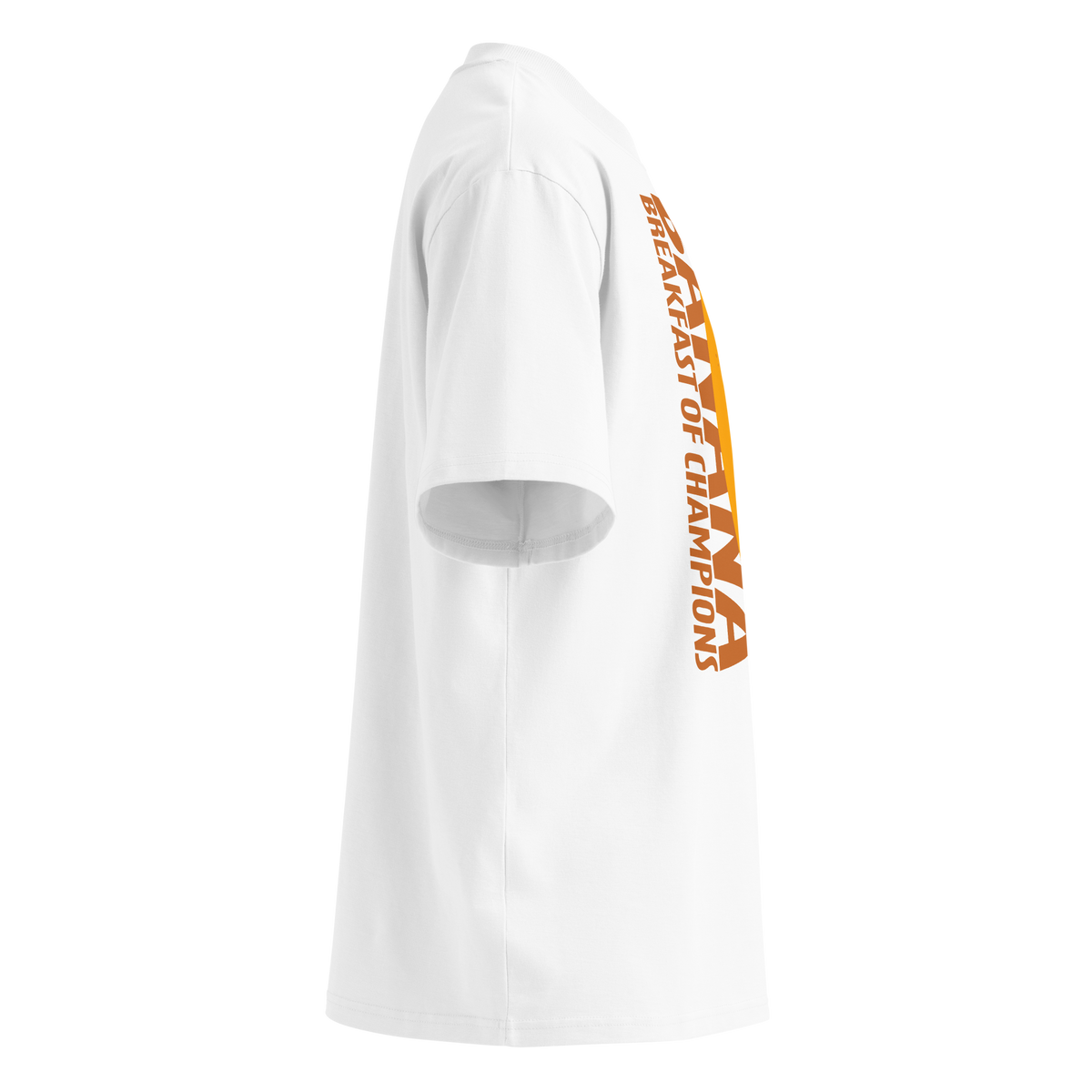 A white short-sleeve crewneck organic oversized t-shirt by Lane Line Threads featuring a graphic print of a smiling yellow banana with the text 'BANANA BREAKFAST OF CHAMPIONS' in brown, shown from the right side.