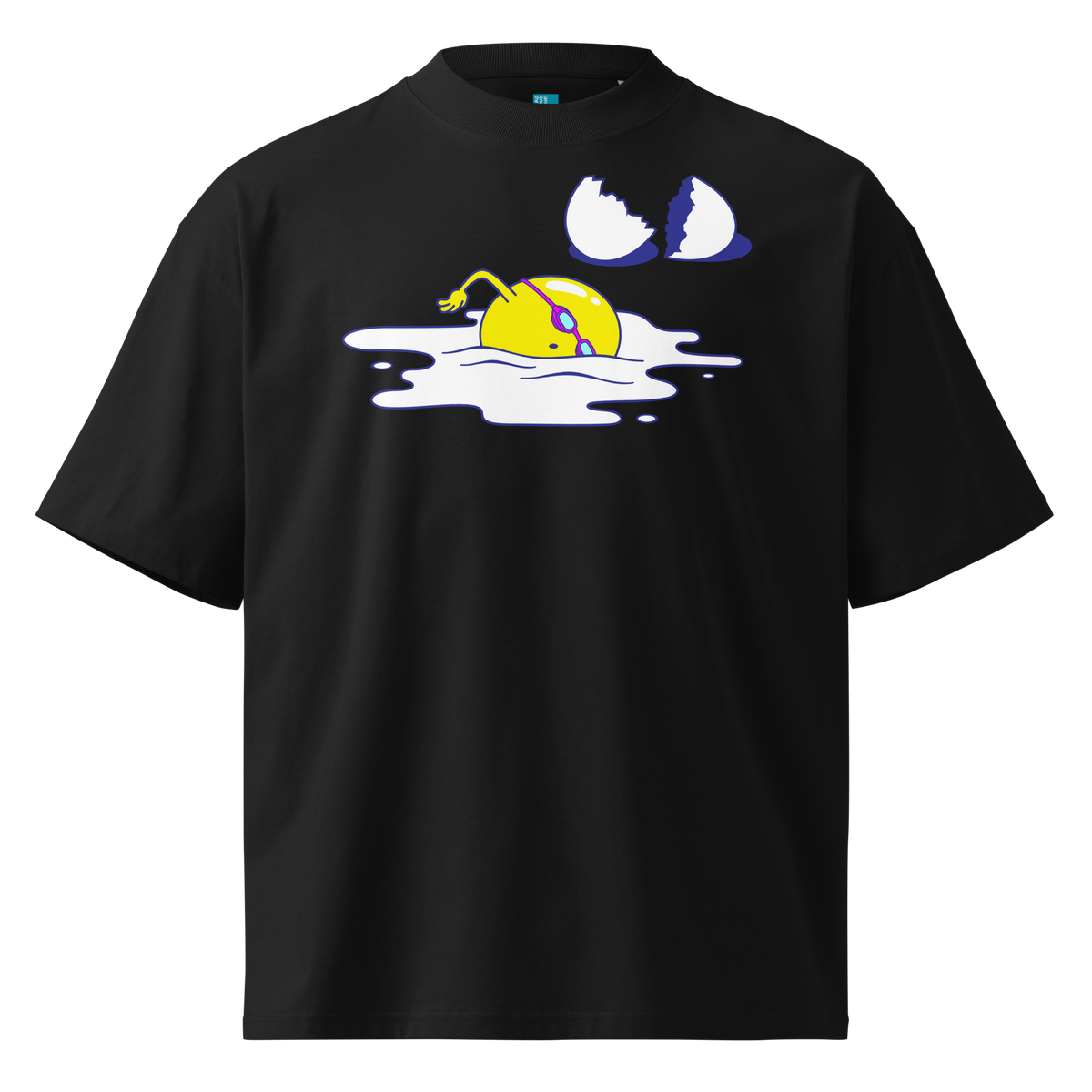 A black short-sleeve crewneck organic oversized t-shirt by Lane Line Threads featuring a graphic print of a yellow cartoon egg yolk swimmer character breaking an egg on a white background.