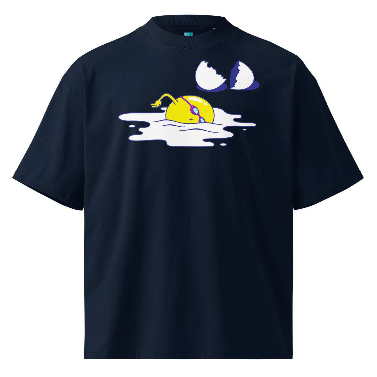 A navy short-sleeve crewneck organic oversized t-shirt by Lane Line Threads featuring a graphic print of a yellow cartoon egg yolk swimmer character breaking an egg on a white background.