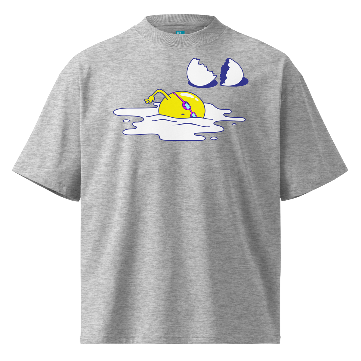 A gray short-sleeve crewneck organic oversized t-shirt by Lane Line Threads featuring a graphic print of a yellow cartoon egg yolk swimmer character breaking an egg on a white background.