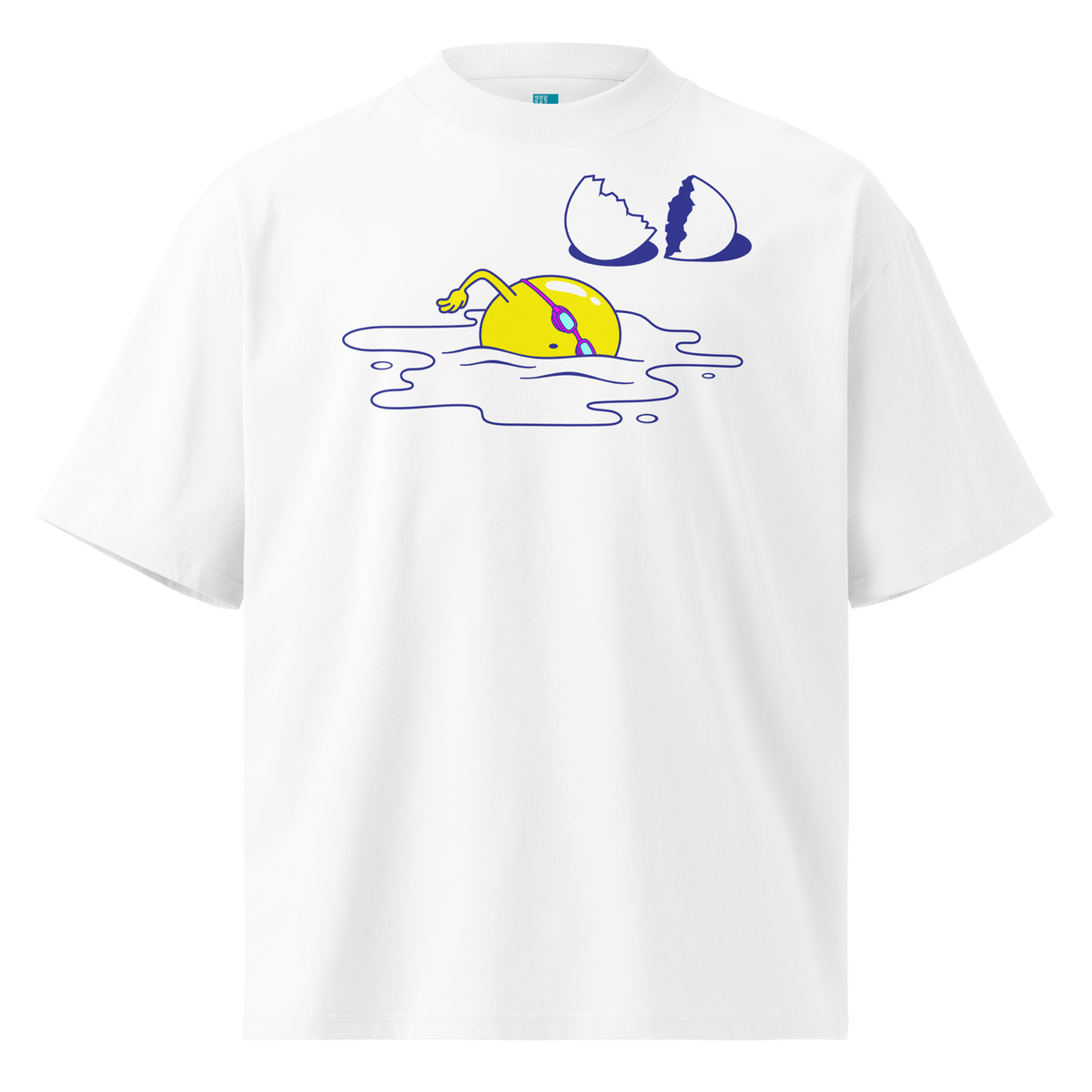 A white short-sleeve crewneck organic oversized t-shirt by Lane Line Threads featuring a graphic print of a yellow cartoon egg yolk swimmer character breaking an egg on a white background.