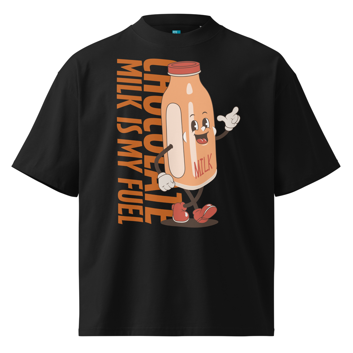 A black short-sleeve crewneck organic oversized t-shirt by Lane Line Threads featuring a cartoon graphic of a vintage milk bottle character with the text 'CHOCOLATE MILK IS MY FUEL' printed vertically in orange and inspired by Katie Ledecky.