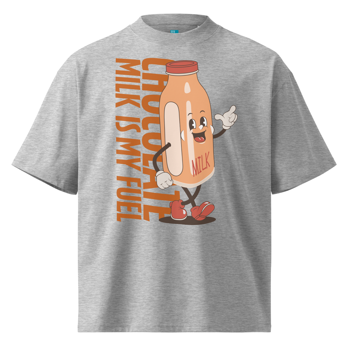 A grey short-sleeve crewneck organic oversized t-shirt by Lane Line Threads featuring a cartoon graphic of a vintage milk bottle character with the text 'CHOCOLATE MILK IS MY FUEL' printed vertically in orange and inspired by Katie Ledecky.