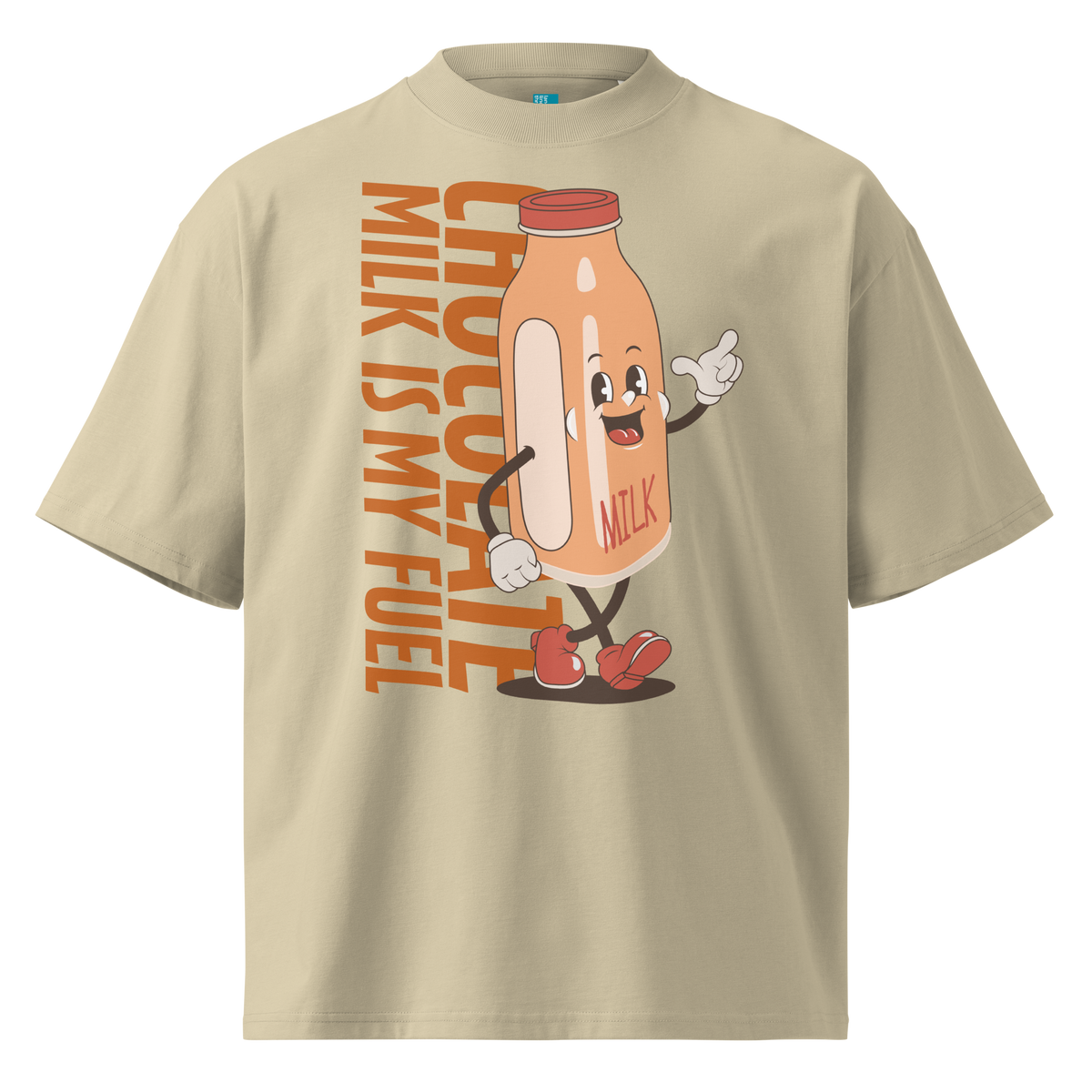 A beige short-sleeve crewneck organic oversized t-shirt by Lane Line Threads featuring a cartoon graphic of a vintage milk bottle character with the text 'CHOCOLATE MILK IS MY FUEL' printed vertically in orange and inspired by Katie Ledecky.