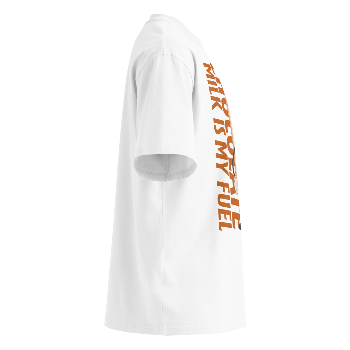 A white short-sleeve crewneck organic oversized t-shirt by Lane Line Threads featuring a cartoon graphic of a vintage milk bottle character with the text 'CHOCOLATE MILK IS MY FUEL' printed vertically in orange and inspired by Katie Ledecky, shown from the right side.