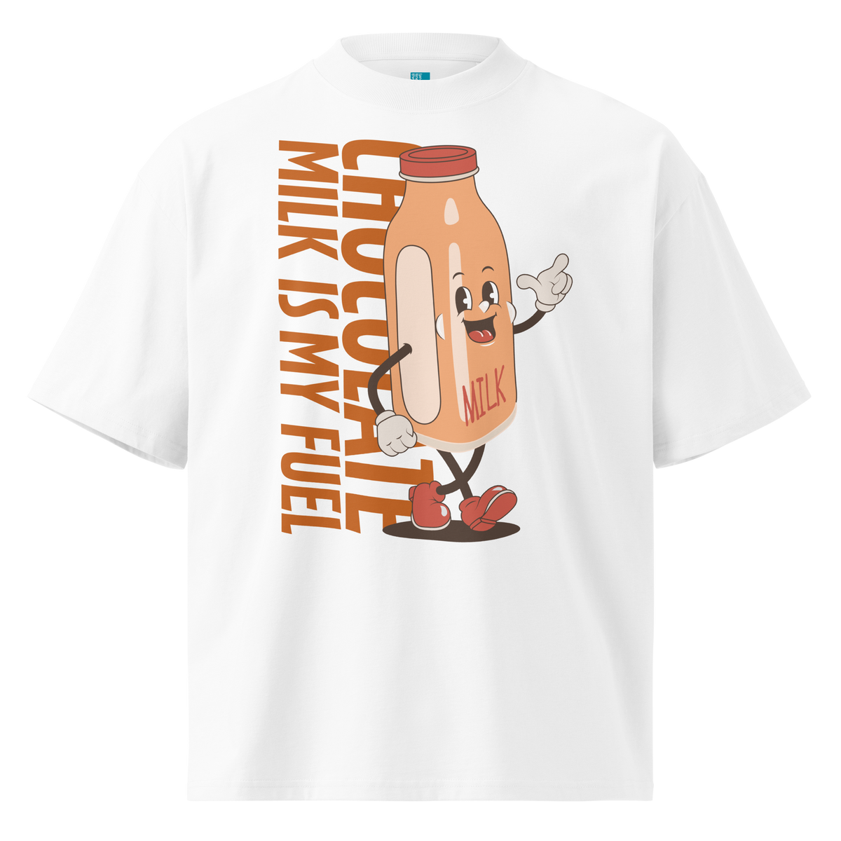 A white short-sleeve crewneck organic oversized t-shirt by Lane Line Threads featuring a cartoon graphic of a vintage milk bottle character with the text 'CHOCOLATE MILK IS MY FUEL' printed vertically in orange and inspired by Katie Ledecky.
