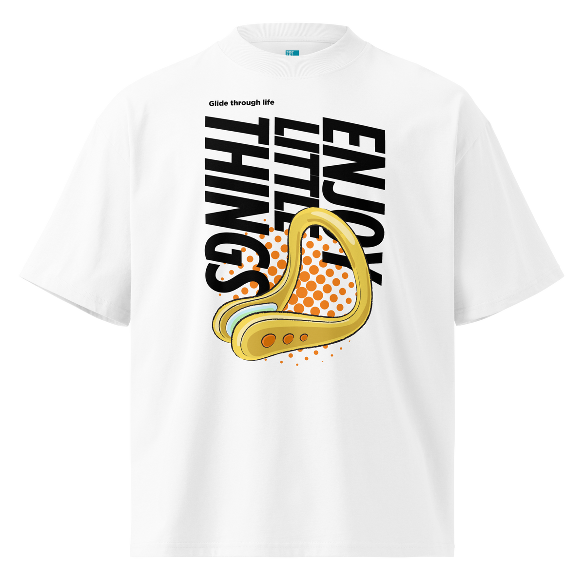 A white short-sleeve crewneck organic oversized t-shirt by Lane Line Threads featuring a bold graphic print on the front. The design includes the text 'Enjoy Little Things' in black, a gold-colored swimming nose clip illustration, and a halftone pattern in orange.