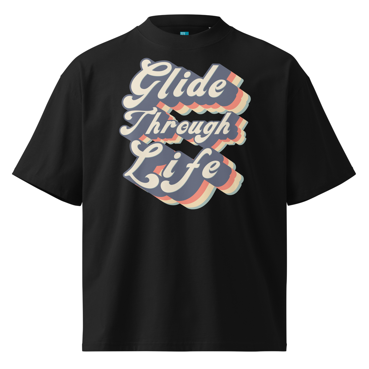 Organic oversized t-shirt by Lane Line Threads in black with retro “Glide Through Life” layered swim graphic.