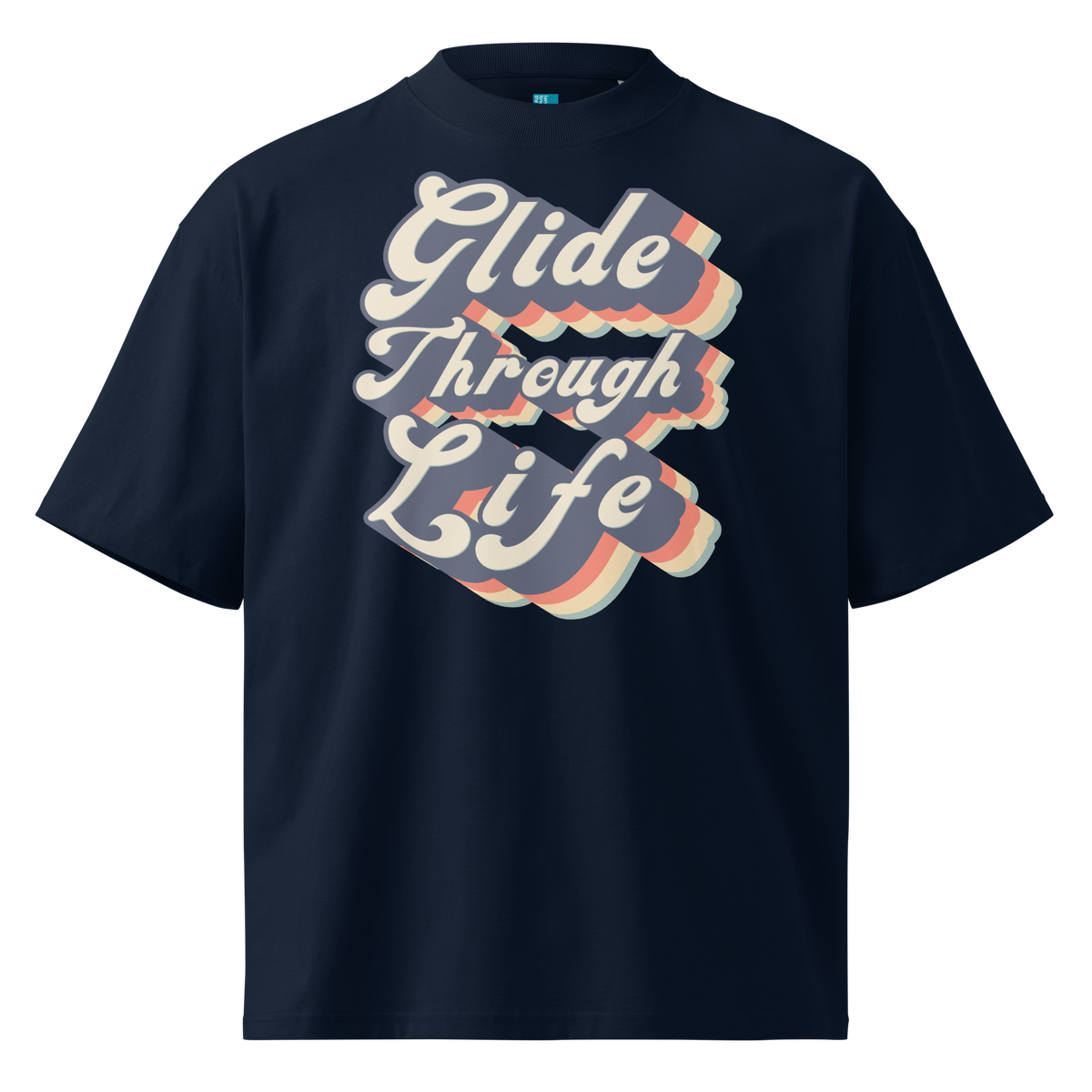 Organic oversized t-shirt by Lane Line Threads in navy with retro “Glide Through Life” layered swim graphic
