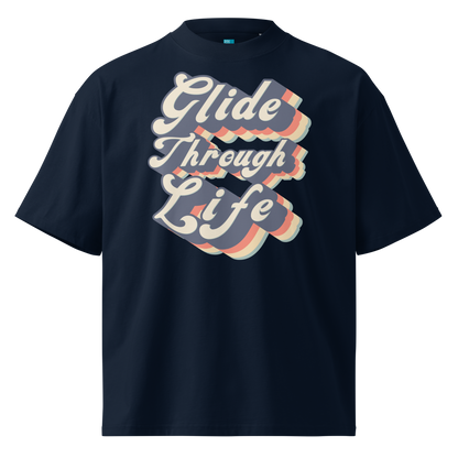 Organic oversized t-shirt by Lane Line Threads in navy with retro “Glide Through Life” layered swim graphic