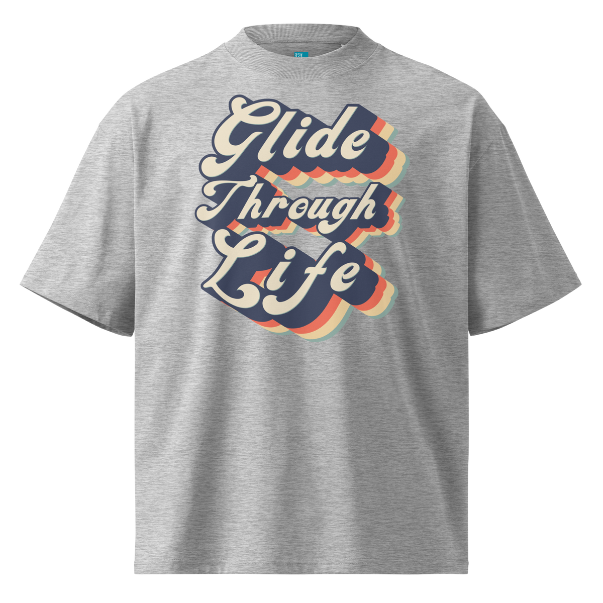 Organic oversized t-shirt by Lane Line Threads in grey with retro “Glide Through Life” layered swim graphic.