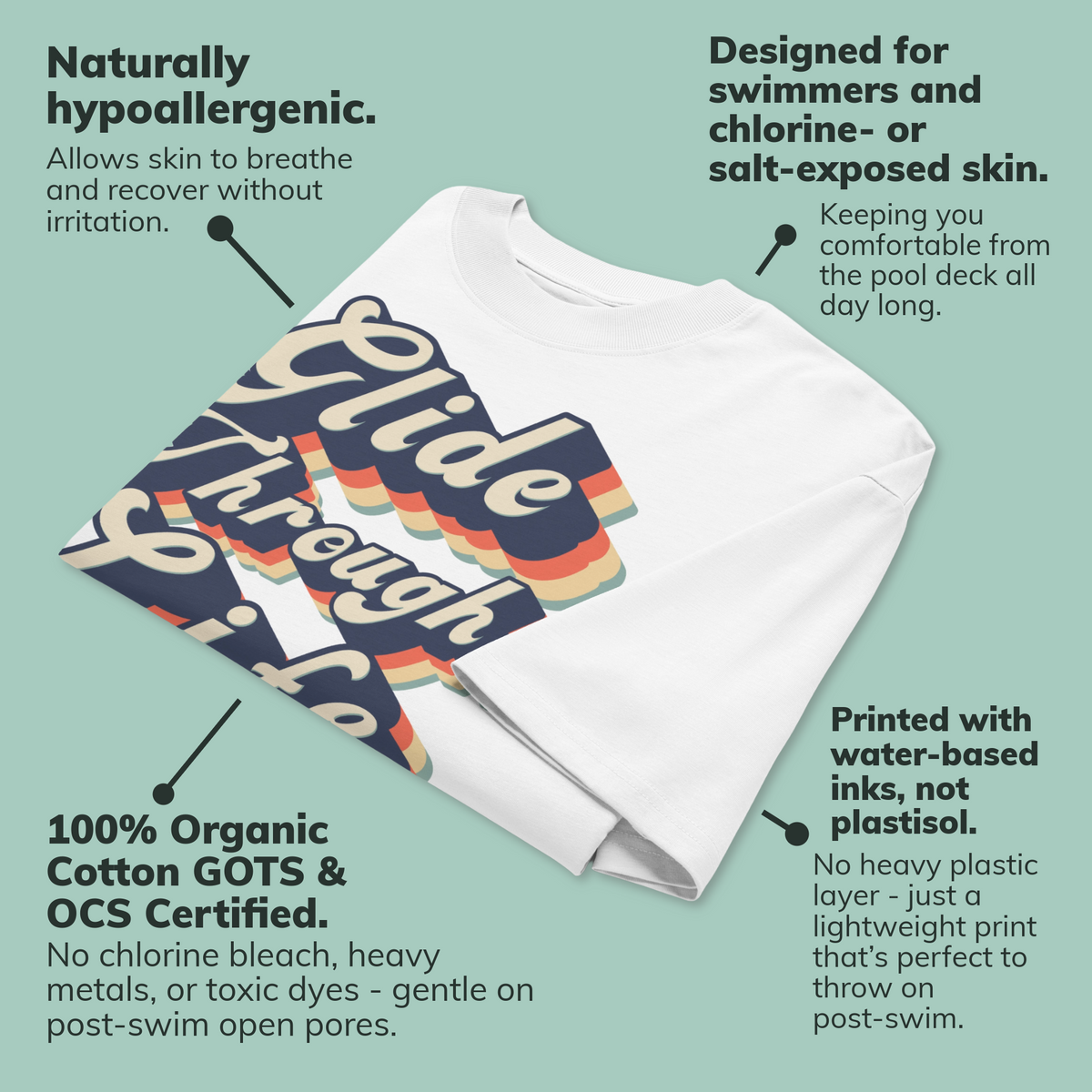 Organic oversized t-shirt by Lane Line Threads in white with retro “Glide Through Life” layered swim graphic, surrounded by callouts featuring product's benefits.