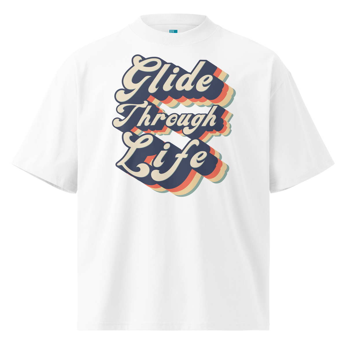 Organic oversized t-shirt by Lane Line Threads in white with retro “Glide Through Life” layered swim graphic