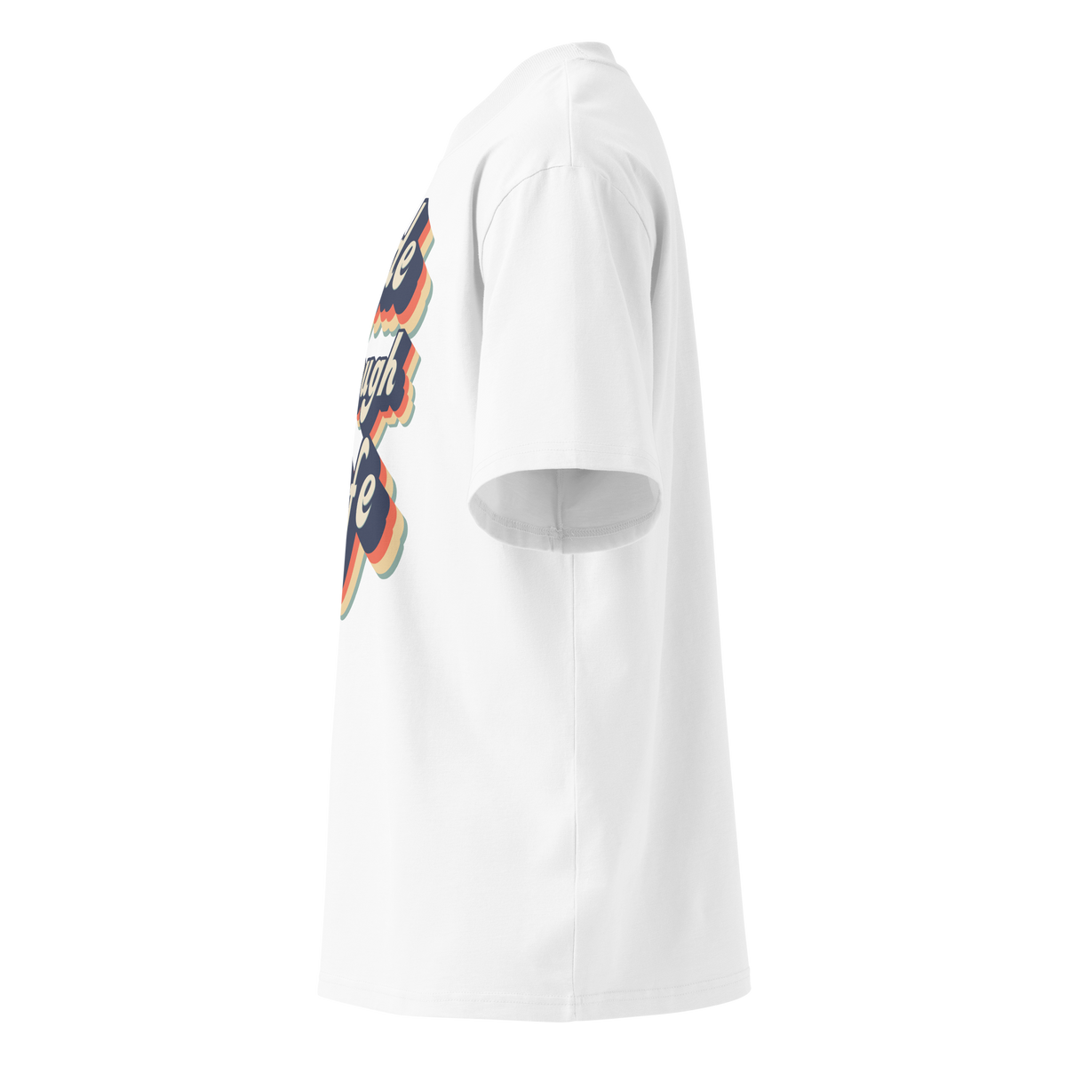 Organic oversized t-shirt by Lane Line Threads in white with retro “Glide Through Life” layered swim graphic shown from the left side.