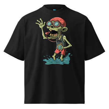 A black short-sleeve crewneck Halloween organic oversized t-shirt by Lane Line Threads, featuring a colorful graphic of a zombie wearing a red swimming cap, swim goggles, and a black TYR tank, standing in splashing water.