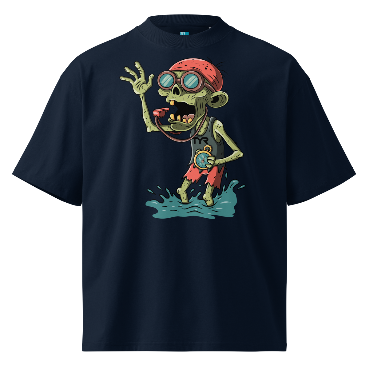 A navy short-sleeve crewneck Halloween organic oversized t-shirt by Lane Line Threads, featuring a colorful graphic of a zombie wearing a red swimming cap, swim goggles, and a black TYR tank, standing in splashing water.