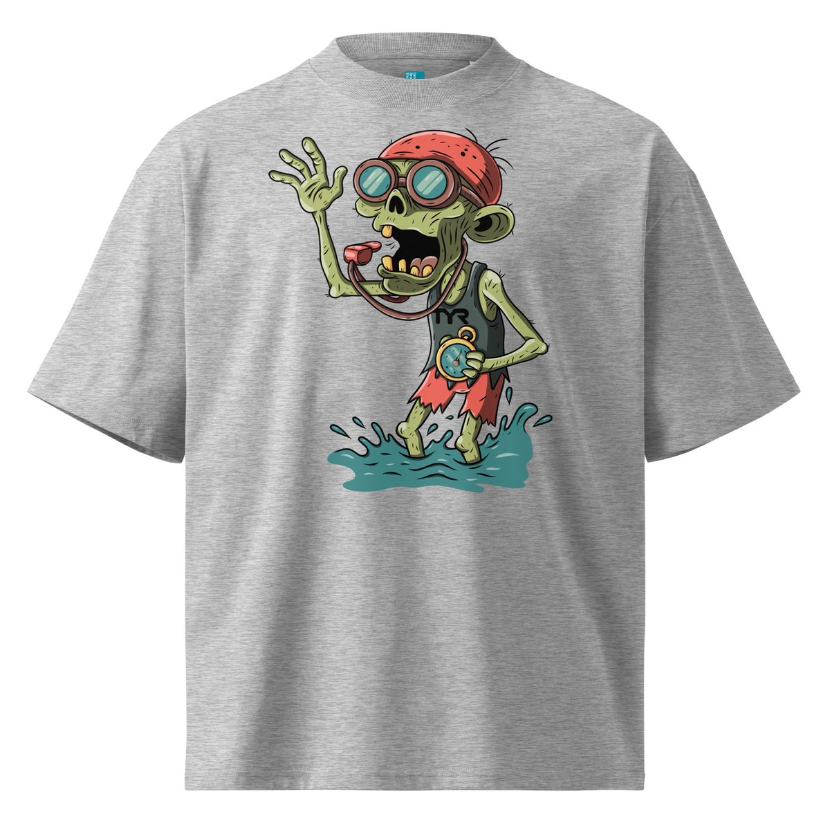 A gray short-sleeve crewneck Halloween organic oversized t-shirt by Lane Line Threads, featuring a colorful graphic of a zombie wearing a red swimming cap, swim goggles, and a black TYR tank, standing in splashing water.