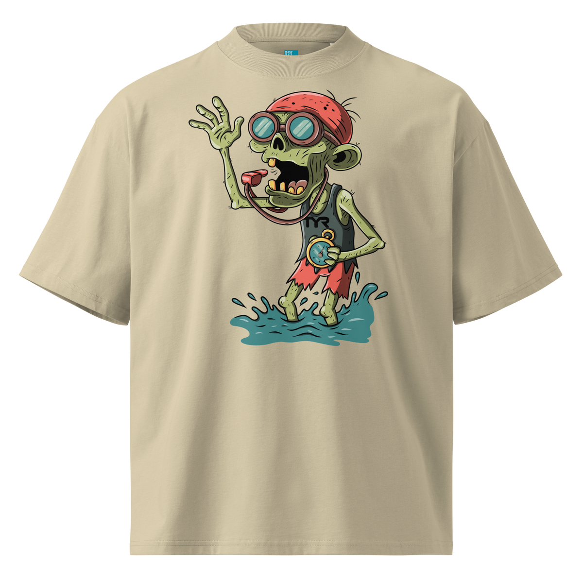 A beige short-sleeve crewneck Halloween organic oversized t-shirt by Lane Line Threads, featuring a colorful graphic of a zombie wearing a red swimming cap, swim goggles, and a black TYR tank, standing in splashing water.