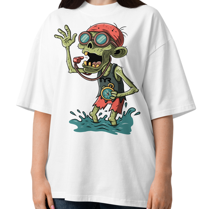 A woman wearing a white short-sleeve crewneck Halloween organic oversized t-shirt by Lane Line Threads, featuring a colorful graphic of a zombie wearing a red swimming cap, swim goggles, and a black TYR tank, standing in splashing water.