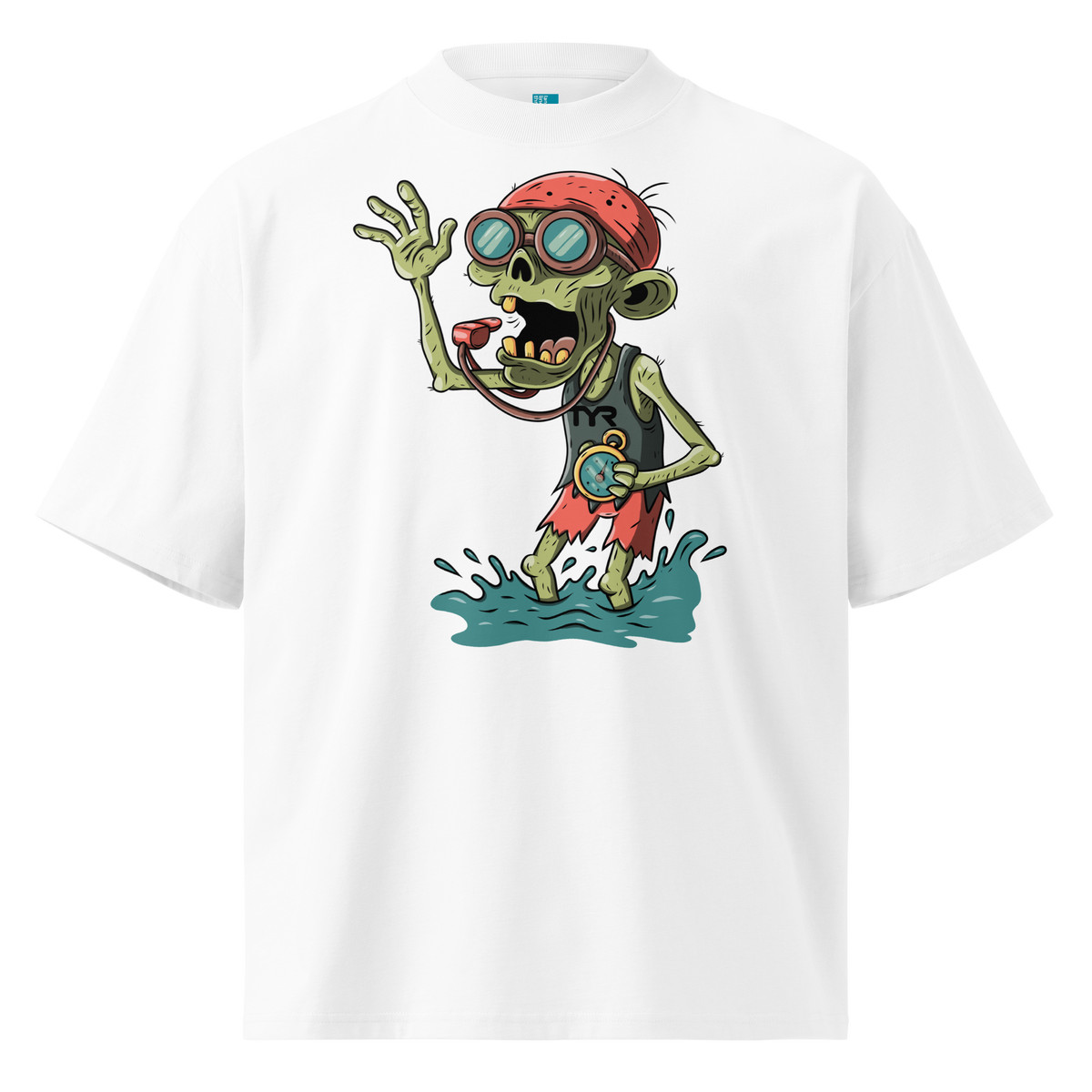 A white short-sleeve crewneck Halloween organic oversized t-shirt by Lane Line Threads, featuring a colorful graphic of a zombie wearing a red swimming cap, swim goggles, and a black TYR tank, standing in splashing water.