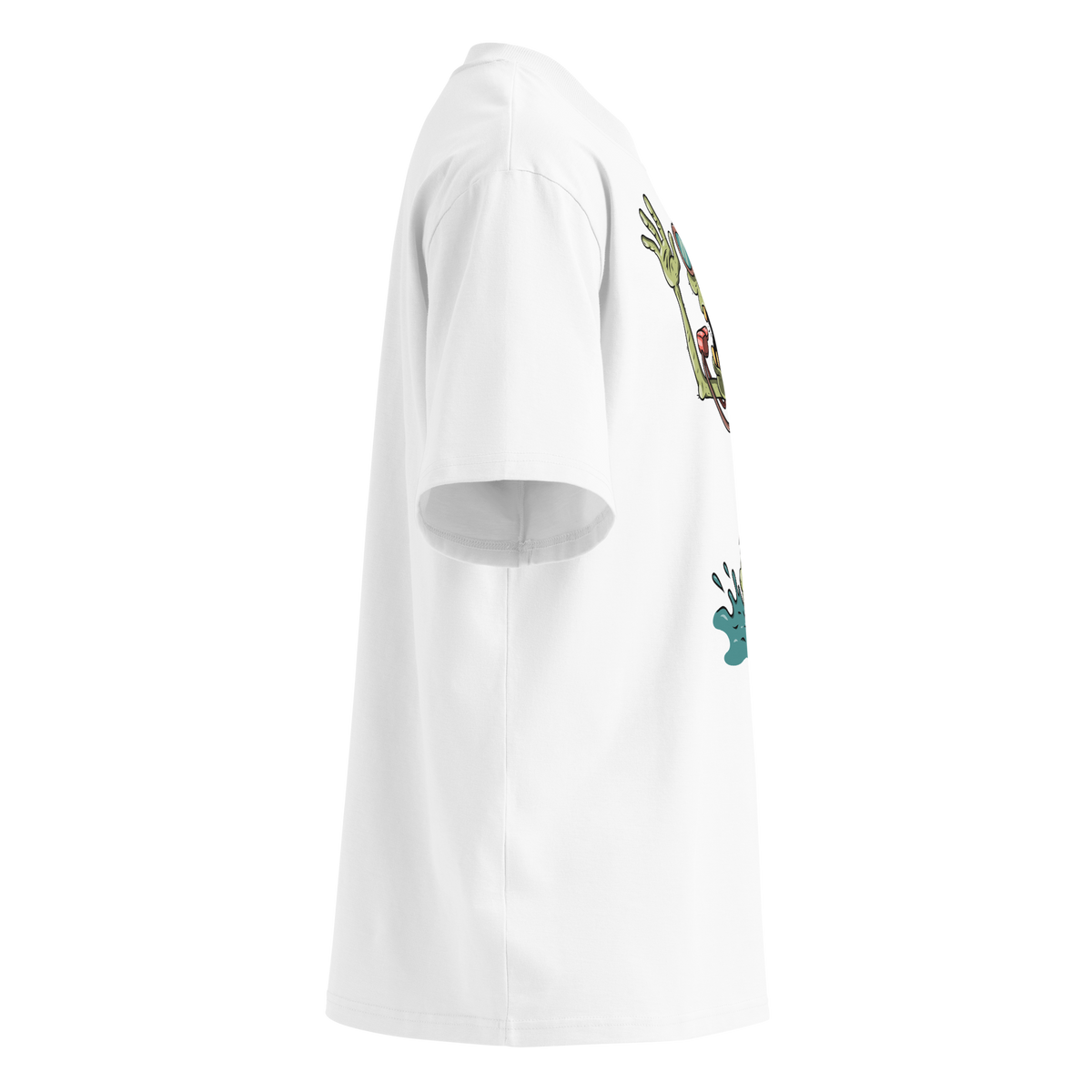 A white short-sleeve crewneck Halloween organic oversized t-shirt by Lane Line Threads, featuring a colorful graphic of a zombie wearing a red swimming cap, swim goggles, and a black TYR tank, standing in splashing water, shown from the right side.